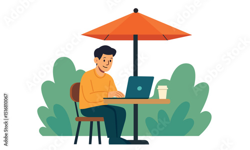 A young man is working on his laptop at an outdoor table under a large umbrella. Surrounded by greenery with a coffee cup nearby, he enjoys a relaxed and productive remote work session.