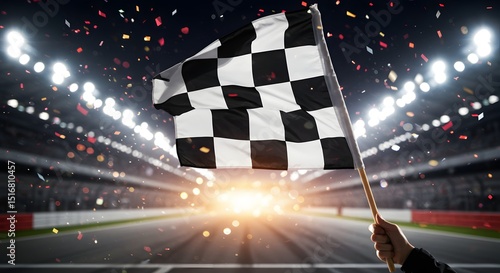 Hand Holding Checkered Flag at Race Track with Confetti and Lights