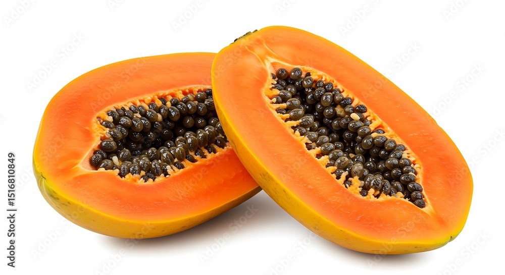 Two Papaya Halves Isolated on White Background Tropical Fruit Freshness and Healthy Eating Concept Featuring Nutrient-Rich Seeds and Vibrant Orange Flesh Perfect for Detox Recipes Two Papaya Halves Isolated on White Background Tropical Fruit Freshness and Healthy Eating Concept Featuring Nutrient-Rich Seeds and Vibrant Orange Flesh Perfect for Detox Recipes