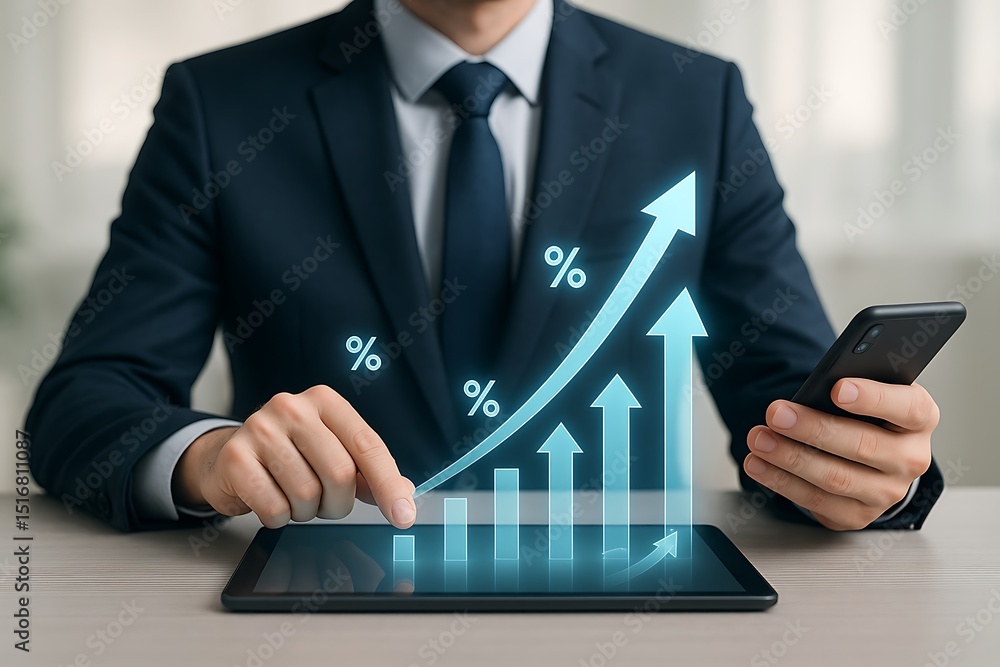 Businessman analyzing growth chart on tablet Businessman analyzing growth chart on tablet