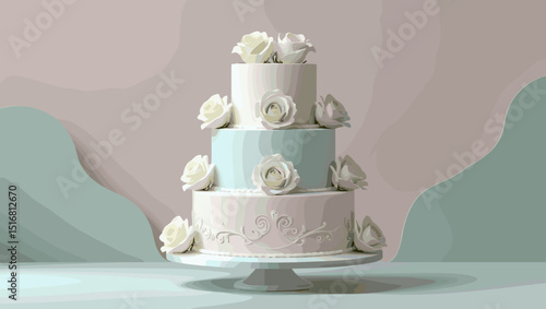 Elegant three-tier wedding cake decorated with roses and pastel colors for celebration