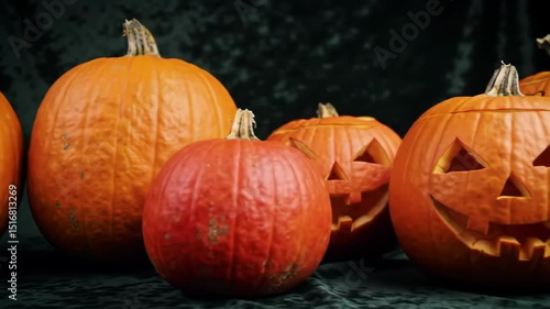 pumpkins, some with faces, ready for Halloween celebration.