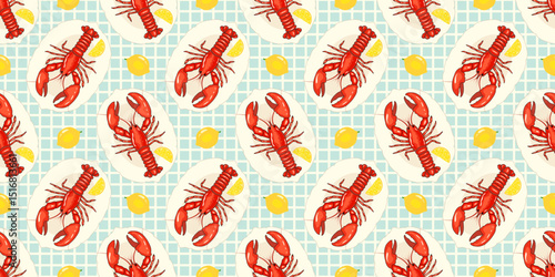 Colorful seamless pattern featuring red lobsters paired with lemons on a light blue checkered background, perfect for use in creative projects, kitchen decor, sea-themed designs. Vector illustration