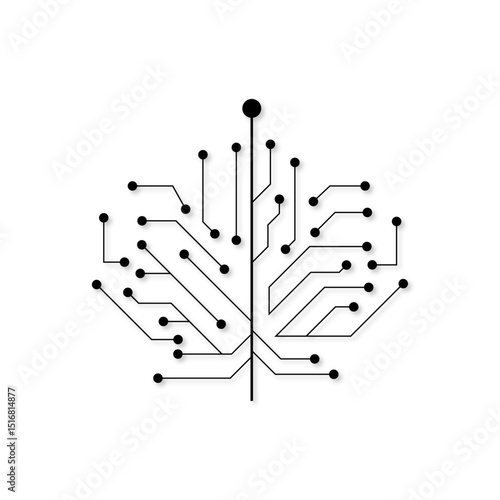 leaf interconnected printed circuit lines board, vector technology logo, monochromatic black outline transmission line