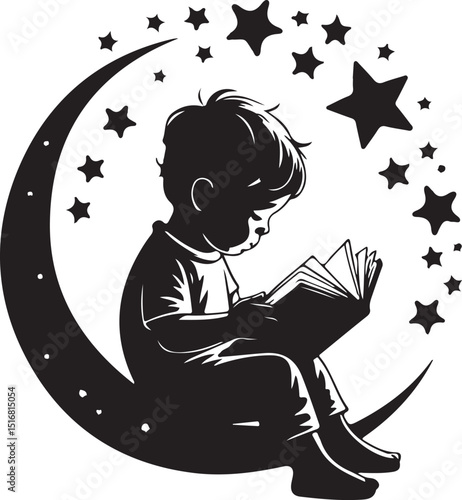 Silhouette of a child reading a book with stars and dots emanating from the pages on white background
