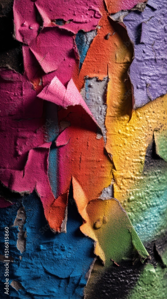 Fototapeta premium Macro of a graffiti-covered wall with torn paper layers and spray paint textures