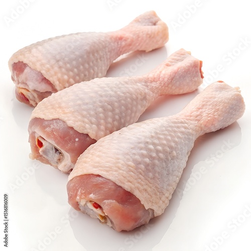 Three raw chicken drumsticks arranged diagonally on a white background. Each drumstick has pale, somewhat bumpy skin and shows a glimpse of the pinkish-red meat and bone at the cut end.