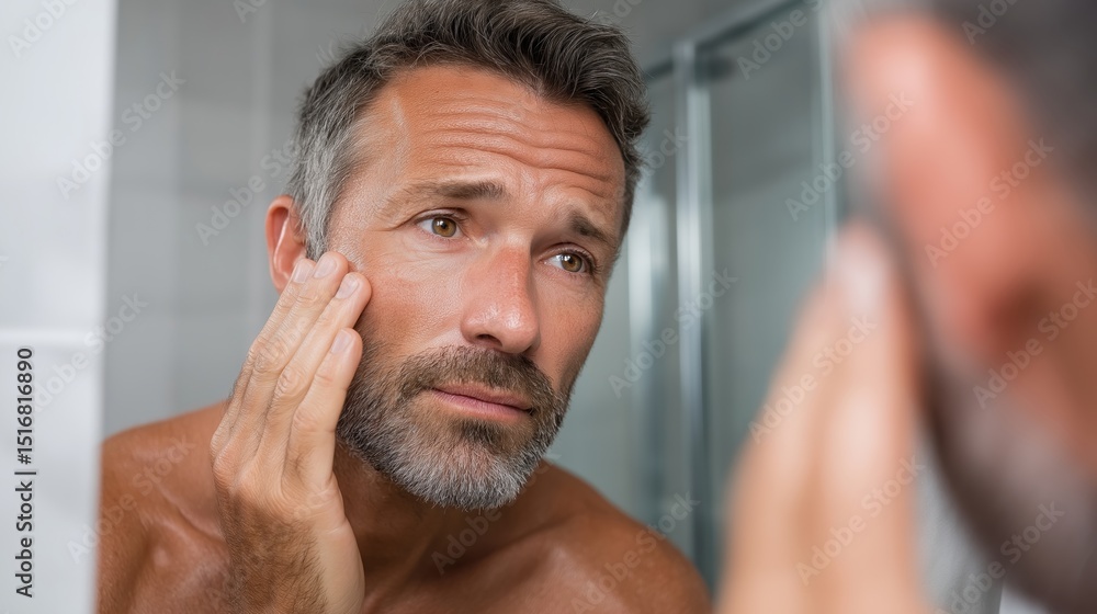 Obraz premium man looking at his reflection in bathroom mirror, checking his face, concerned about facial wrinkle. Anti-aging, skincare, and personal grooming concept. 