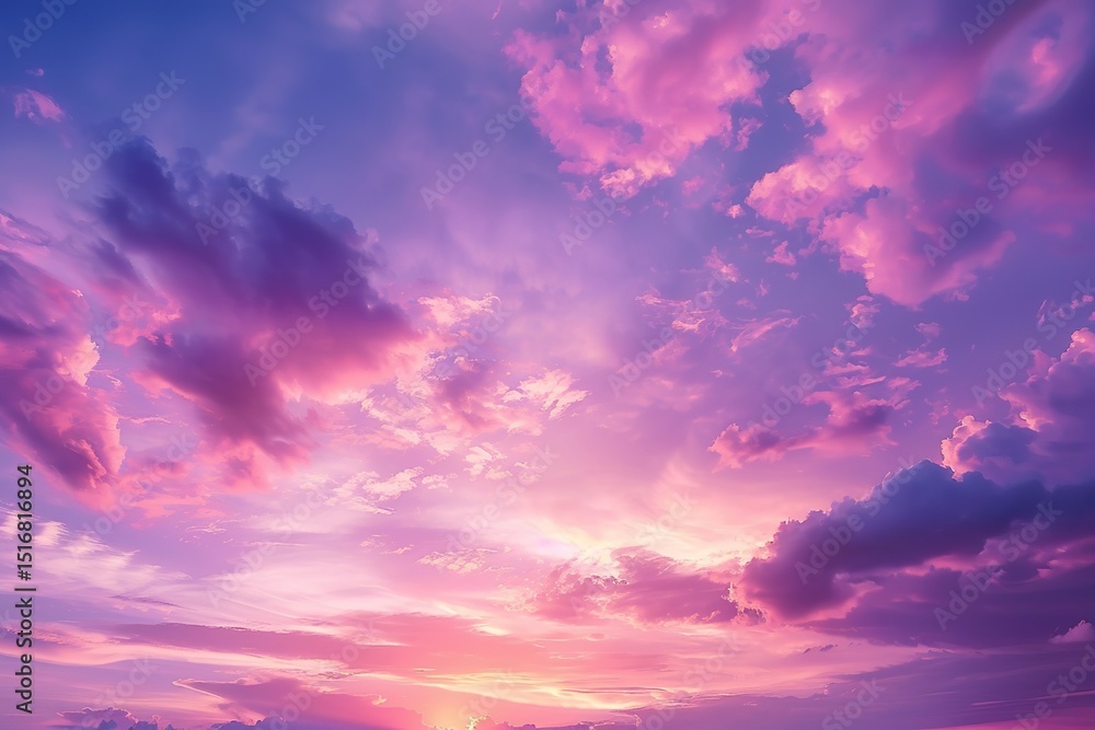 Obraz premium Vibrant clouds paint the sky with hues of pink and purple at sunset creating a dreamy vista