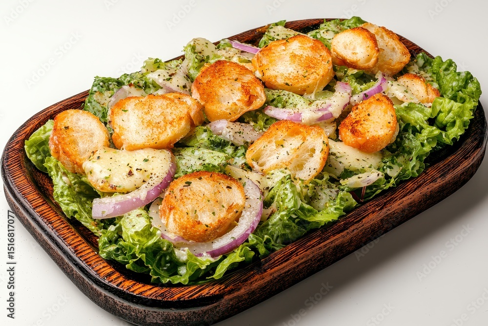Close Up of Caesar Salad on Dark Rectangular Plate Close Up of Caesar Salad on Dark Rectangular Plate