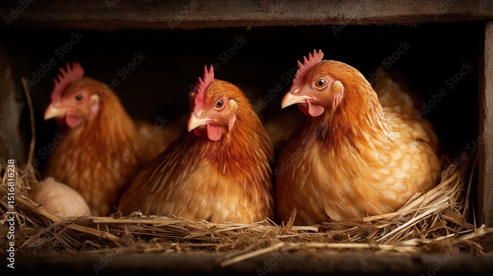Fototapeta premium A cozy chicken coop with happy hens resting and nesting, captured for International Respect for Chickens Month