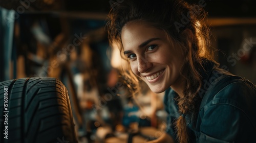 Wallpaper Mural A smiling woman, wearing dark blue overalls, changing the tyre of a car in a car repair workshop. Industrial setting, tools scattered around Torontodigital.ca