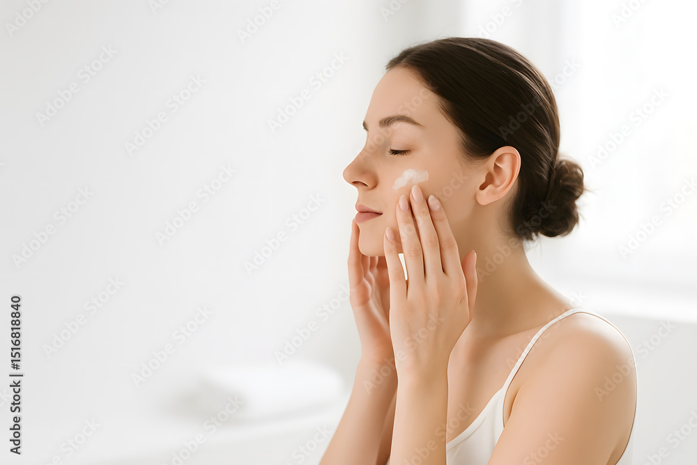 Young woman applying skincare product on her face in a bright bathroom Young woman applying skincare product on her face in a bright bathroom
