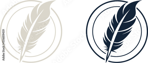 Gold feather logo design with circular emblem and luxury branding vector illustration.