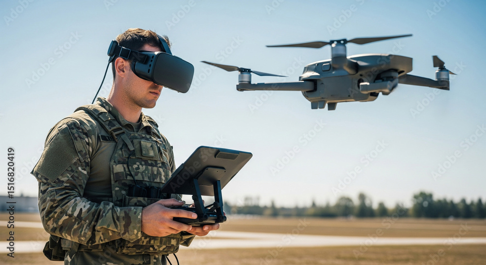 Soldier wearing virtual reality goggles controls drone during training at an outdoor training range during the day Soldier wearing virtual reality goggles controls drone during training at an outdoor training range during the day