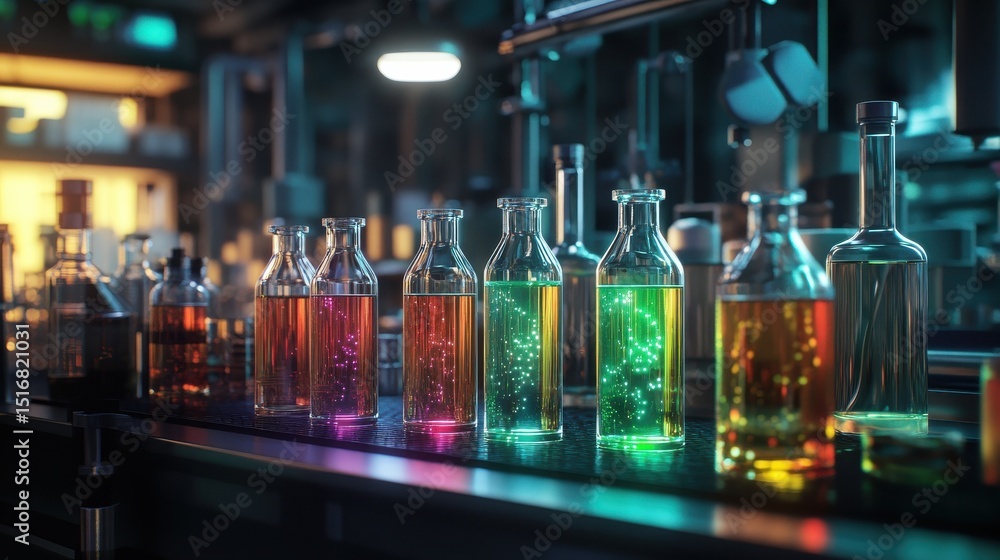 Lab vials with production line, and science. Lab vials with production line, and science.