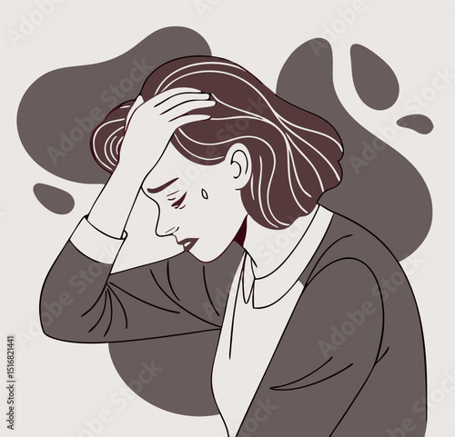 Depressed woman with hand on head graphic illustration of sadness