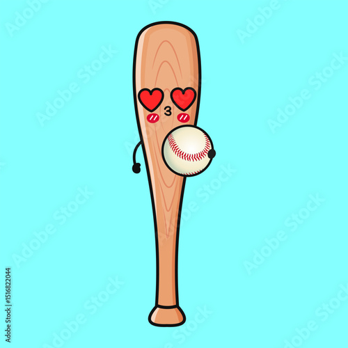 An adorable cartoon Baseball Bat with heart eyes happily holding a baseball in a bright setting.