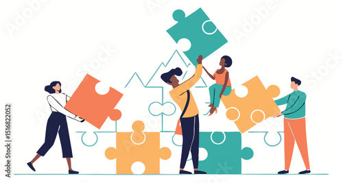 Diverse team assembling puzzle pieces for successful collaboration