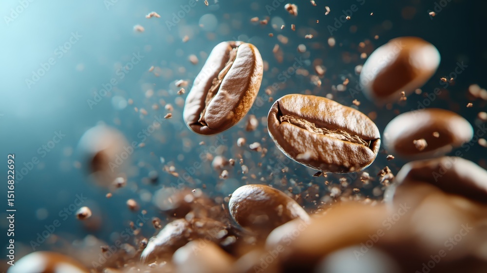 Dynamic visual of coffee beans suspended in air, highlighting their rich texture and aroma, invoking the passion of coffee lovers and baristas alike. Dynamic visual of coffee beans suspended in air, highlighting their rich texture and aroma, invoking the passion of coffee lovers and baristas alike.