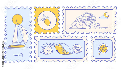 Post marks set with Summer in Italy. Amalfi. Hand drawn vector illustration of postage stamps with image of Italian coast, seashells, yacht and lemons drawing. Mediterranean vacation post cards.