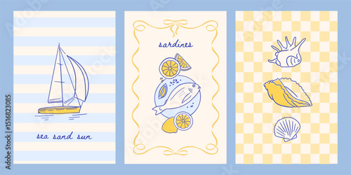 Minimal vintage Italian summer vacation posters set. Vector contour ink hand drawn Italy coast sea with yacht, seashells and fish placards. Sea weekend or rest drawings for cafe or restaurant decor