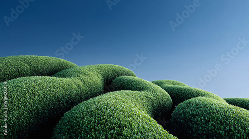 Serene landscape featuring lush, green topiary hills under a clear blue sky. Perfect for illustrating tranquility, nature, landscaping, or environmental themes.