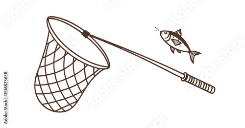 Fishing net chasing fish brown outline illustration on white background