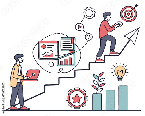 Vector Illustration of Startup, Business Plan, Project Development, from Idea to Realisation. Creative Concept for Web Banner, Social Media Banner, Business Presentation, Marketing Material