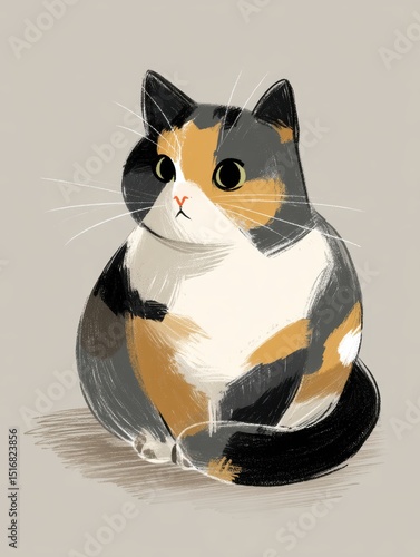 Cute calico cat sitting with big eyes in a minimalist illustration on a neutral background