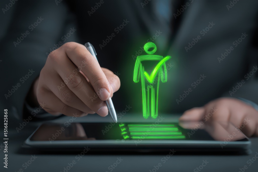 Naklejka premium Businessman using a tablet computer and pen with a virtual hologram icon of a person's checkmark
