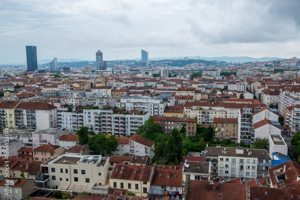 Fototapeta premium Panoramic Skyline of Lyon with View on Part-Dieu and Fourvière Hill