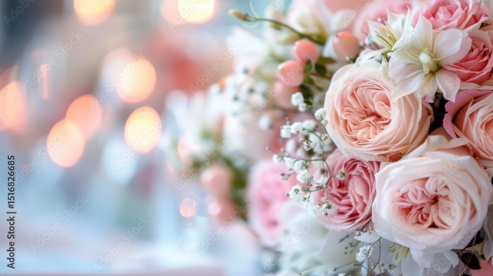 A captivating bouquet of pink roses and delicate flowers displayed aesthetically, evoking emotions of love and celebration against a softly blurred background. A captivating bouquet of pink roses and delicate flowers displayed aesthetically, evoking emotions of love and celebration against a softly blurred background.