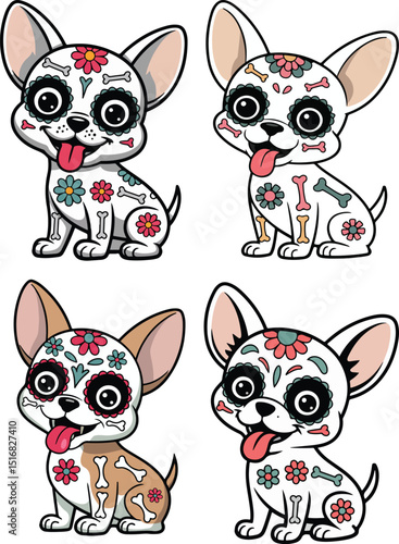 Four Cartoon Chihuahuas with Sugar Skull Markings and Bone Patterns