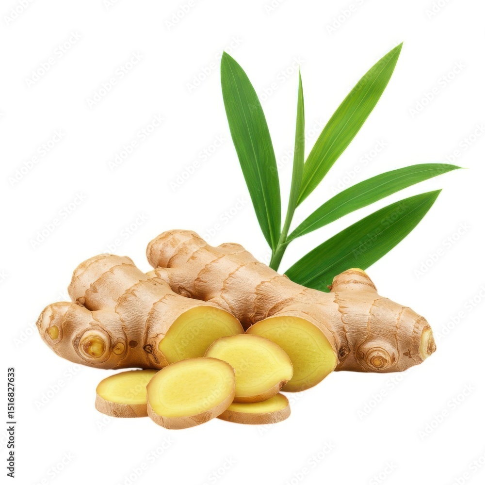 Fresh ginger root with leaves isolated on white background Fresh ginger root with leaves isolated on white background