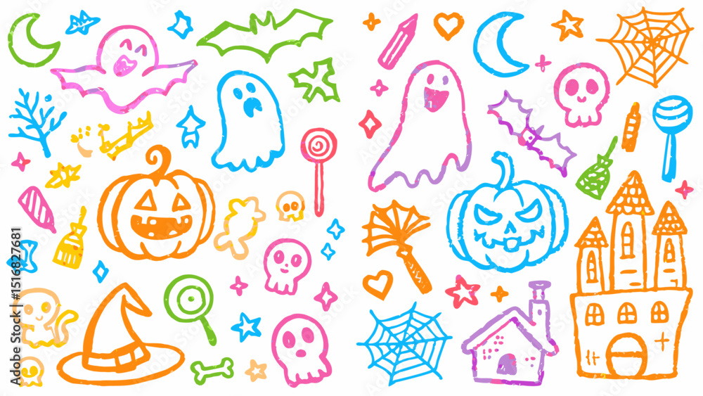 Hand-drawn colorful crayon-style doodles collage of Halloween elements artwork. colorful chalk texture design. Hand-drawn colorful crayon-style doodles collage of Halloween elements artwork. colorful chalk texture design.
