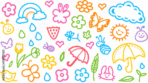 Hand-drawn colorful crayon-style doodles collage of colorful spring-themed, colorful chalk texture design.