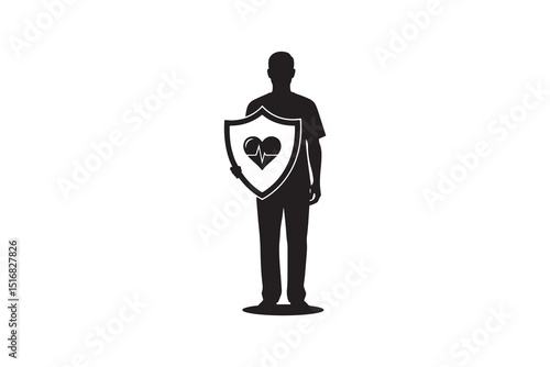 Man Holding Health Shield Silhouette Illustration - Human Health Protection Shield