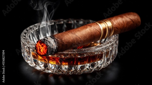A smoking cigar rests in a crystal ashtray filled with amber liquid.