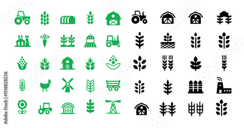 Agro Farming Vector High-Quality Set of 48 Farm and Agriculture Icons in Green and Black for Digital Branding, Marketing, and Design