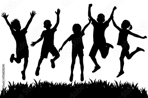 "Joyful Children Jumping Outdoors – Playful Black and White Silhouette in Dynamic Motion"