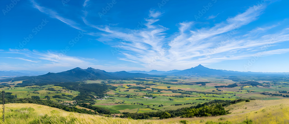Fototapeta premium Panoramic View Of Valley With Green Fields And Hills Under A Clear Sky