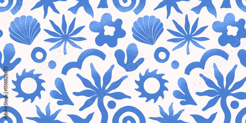 Summer tropical seamless pattern with hand drawn nature organic elements:palm,sun,coral,seashell,star,wave.Trendy blue background for banners,smm,branding,covers,prints.Summer vacation aesthetic