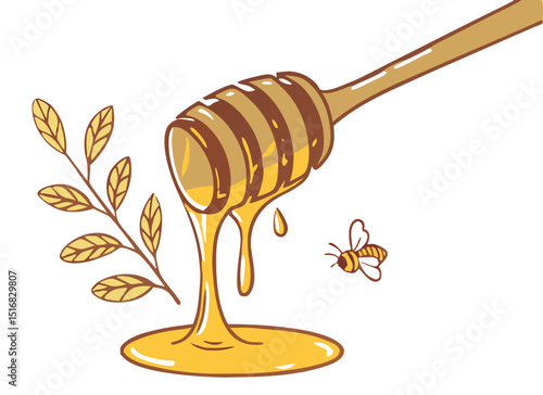 Honey dripping from a honey dipper with a bee and leaves
