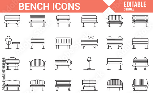 Vector Set of Diverse Bench Icons for Interior and Outdoor Use 