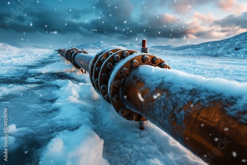 Oil and gas pipeline stretches across frozen terrain in Arctic winter landscape under misty mountains