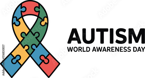 A colorful puzzle ribbon for autism awareness day with the text autism world awareness day beside it