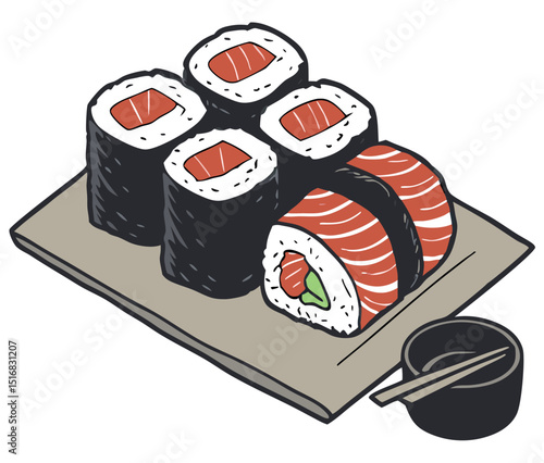 Illustrated sushi maki rolls served with soy sauce and chopsticks