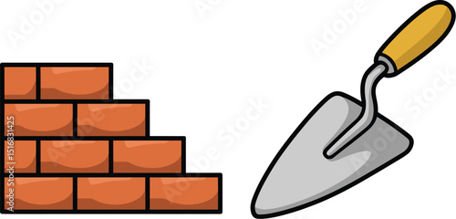 Illustration of a brick wall and a trowel tool used in construction on a white background