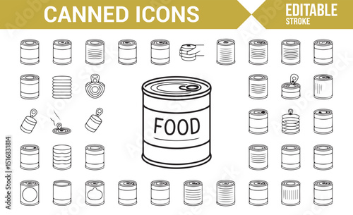 Vector Set of Canned Food, Beverages, and Jar Icons for Packaging